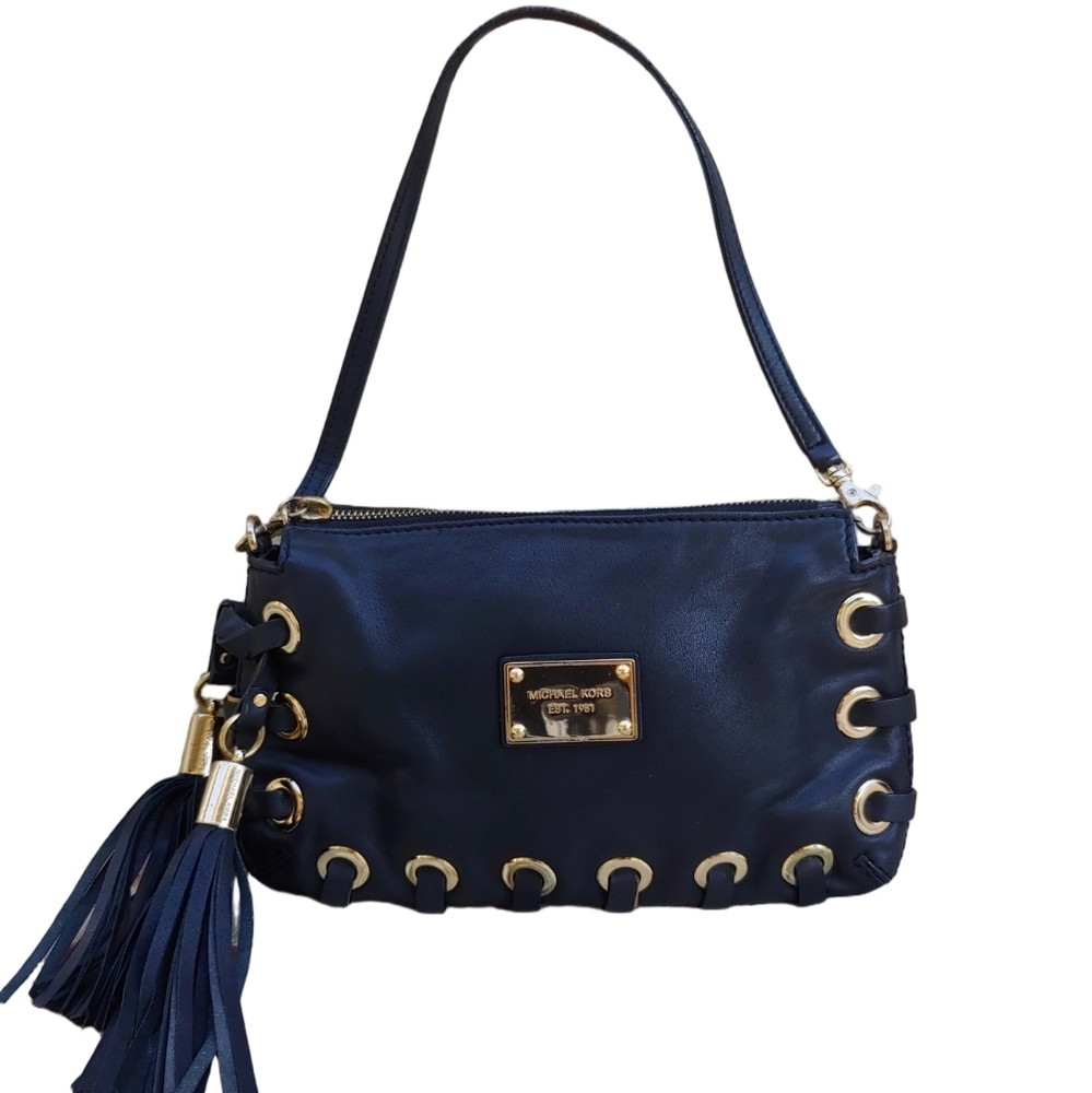 Michael Kors Small Black Leather and Gold Tone Clutch Bag with Tassels